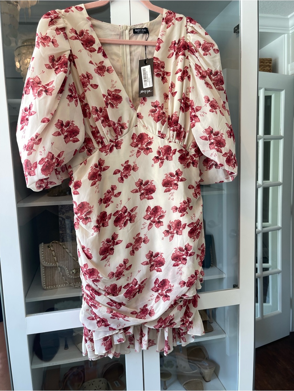 Nasty Gal Cream Dress with Red Floral Print